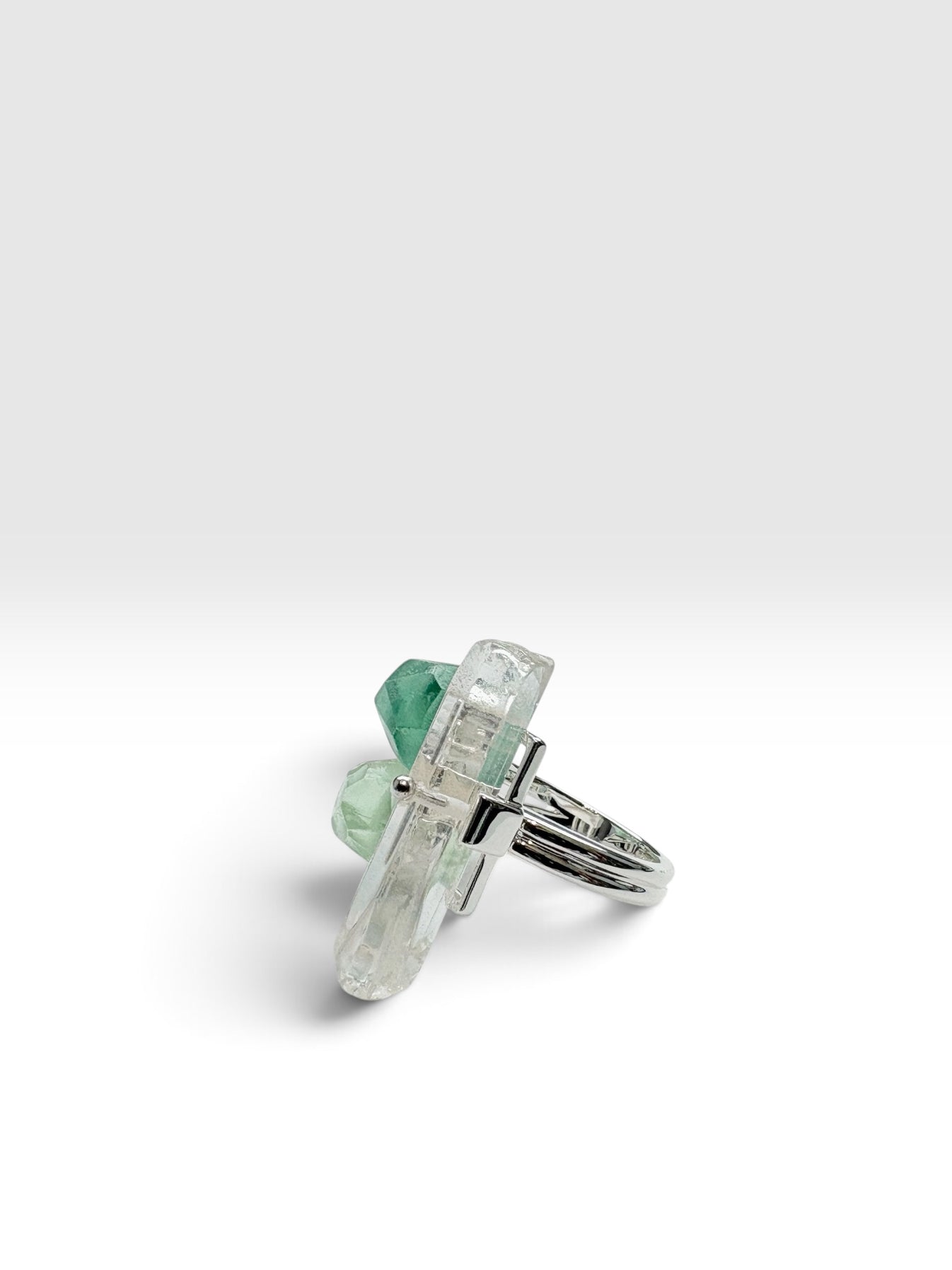 Silver Triple Crystal Ring with green fluorite crystals and Clear Quartz by QiBai London