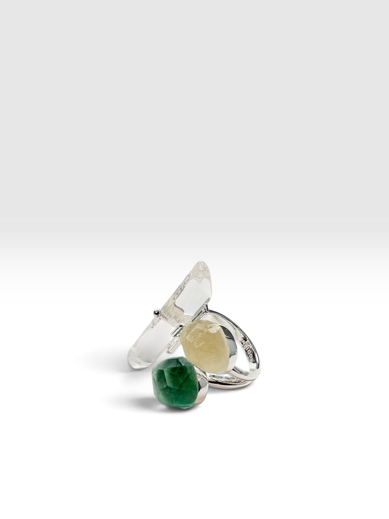Silver Triple Crystal Ring with green fluorite, citrine and Clear Quartz by QiBai London