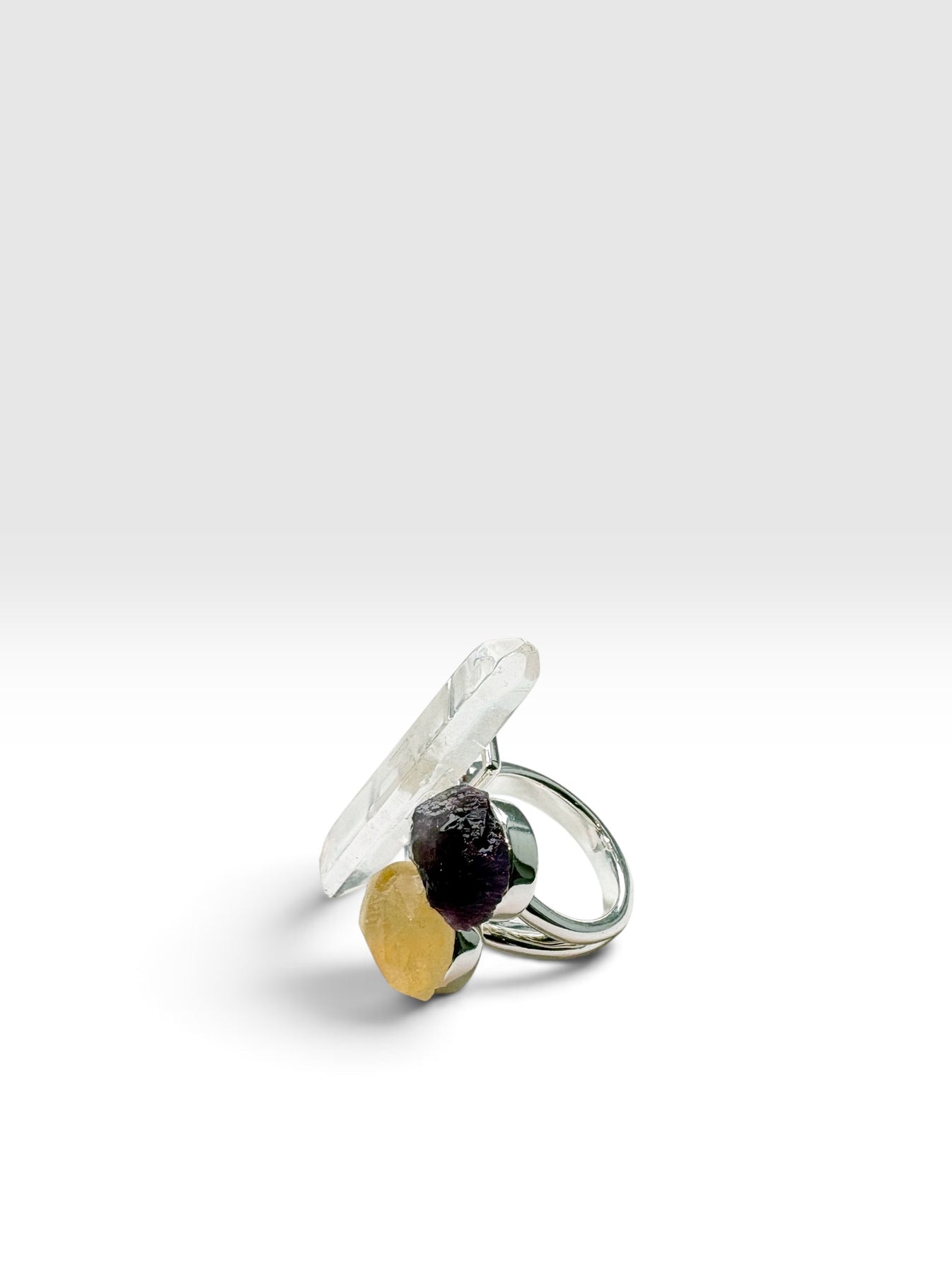Silver Triple Crystal Ring with amethyst, citrine and Clear Quartz by QiBai London
