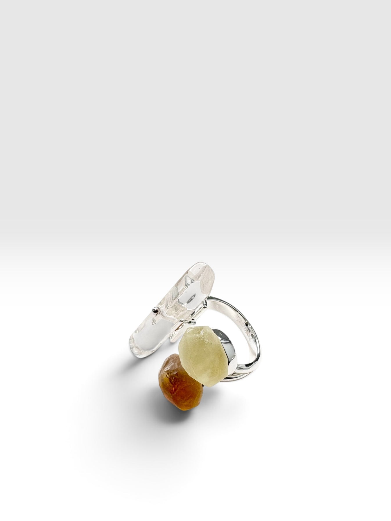 Silver Triple Crystal Ring with citrine crystals and Clear Quartz by QiBai London