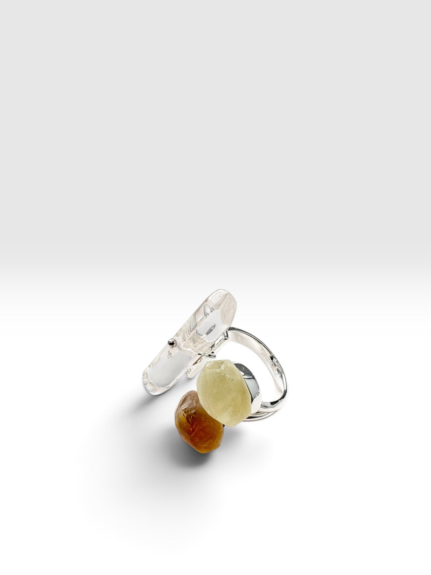 Silver Triple Crystal Ring with citrine crystals and Clear Quartz by QiBai London