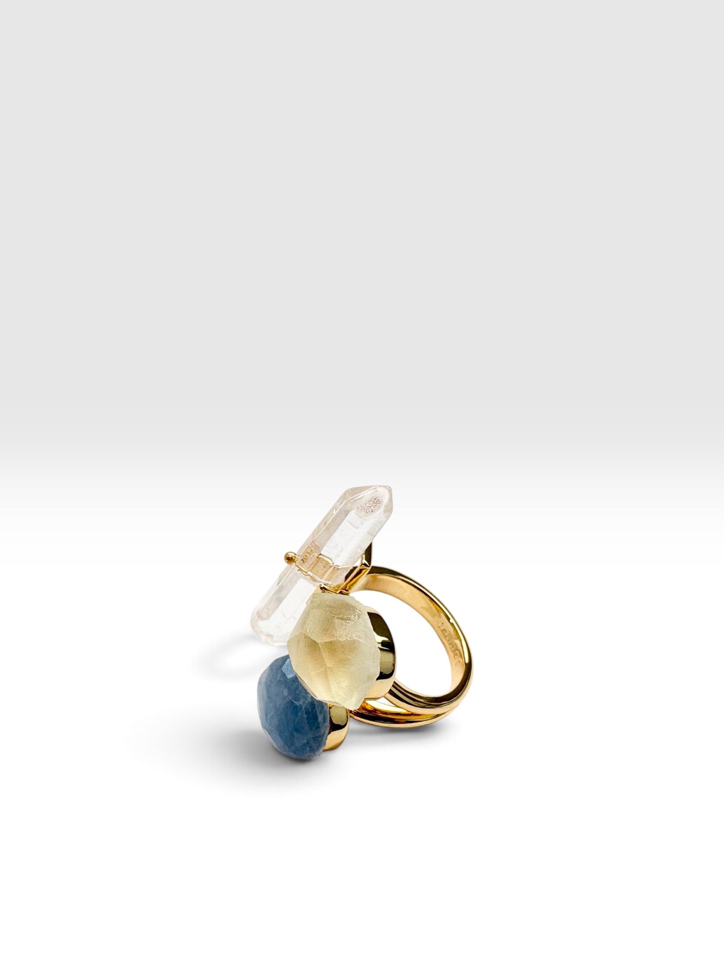 Gold Triple Crystal Ring with kyanite, citrine and Clear Quartz by QiBai London