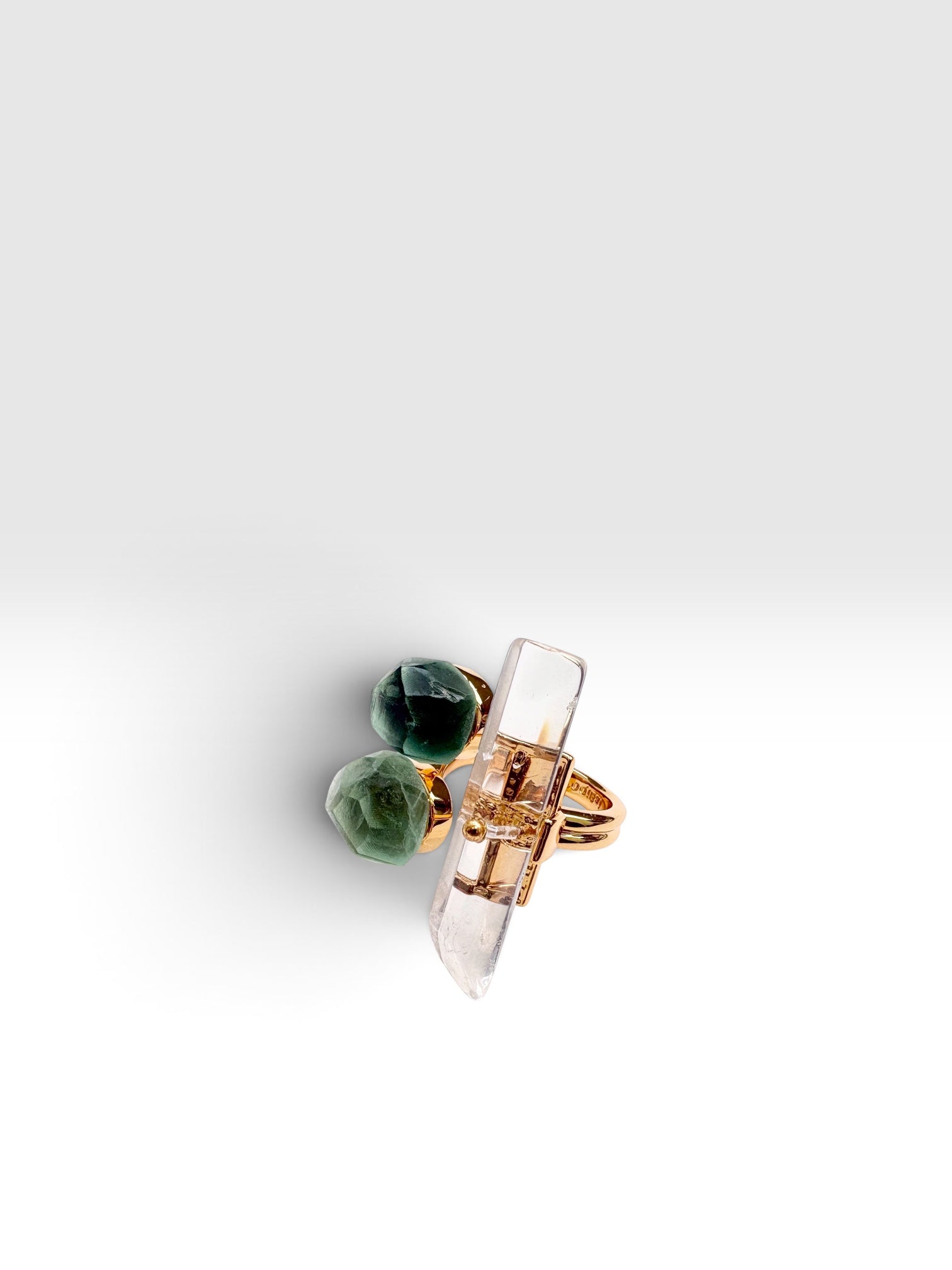 Gold Triple Crystal Ring with green fluorite crystals and Clear Quartz by QiBai London