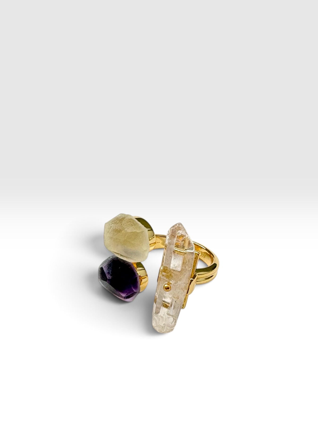Gold Triple Crystal Ring with amethyst, citrine and Clear Quartz by QiBai London