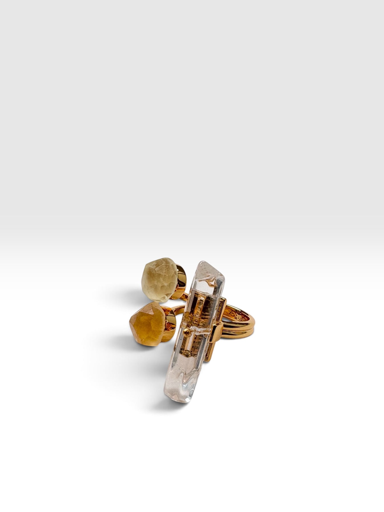 Gold Triple Crystal Ring with citrine crystals and Clear Quartz by QiBai London