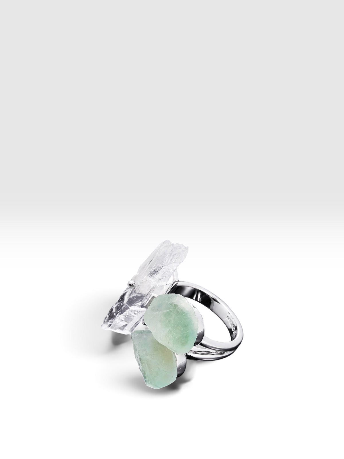 Triple Crystal Silver ring with green fluorite and clear quartz crystals by QiBai London