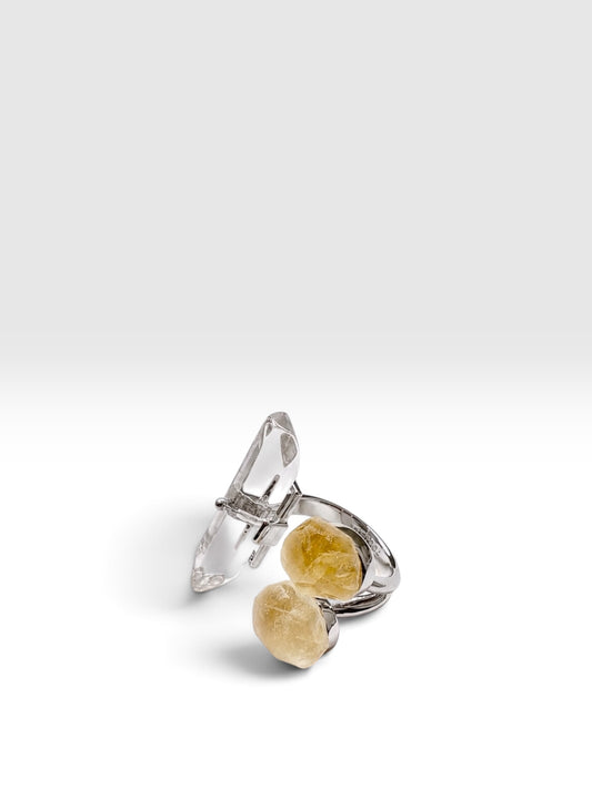 Triple Crystal Silver ring with citrine and clear quartz crystals by QiBai London