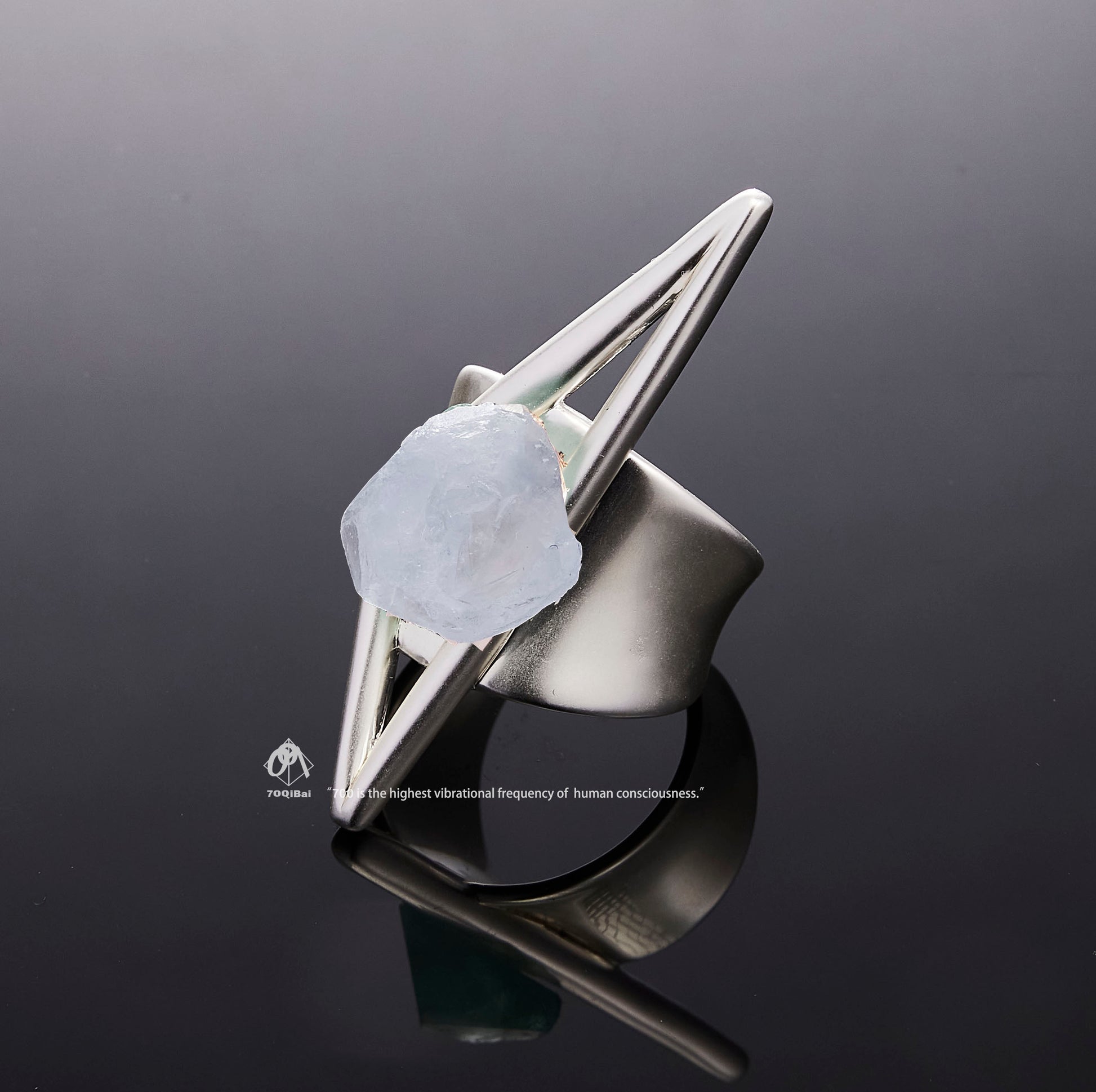 Silver Vector I ring with raw Kyanite crystal detail view by QiBai London