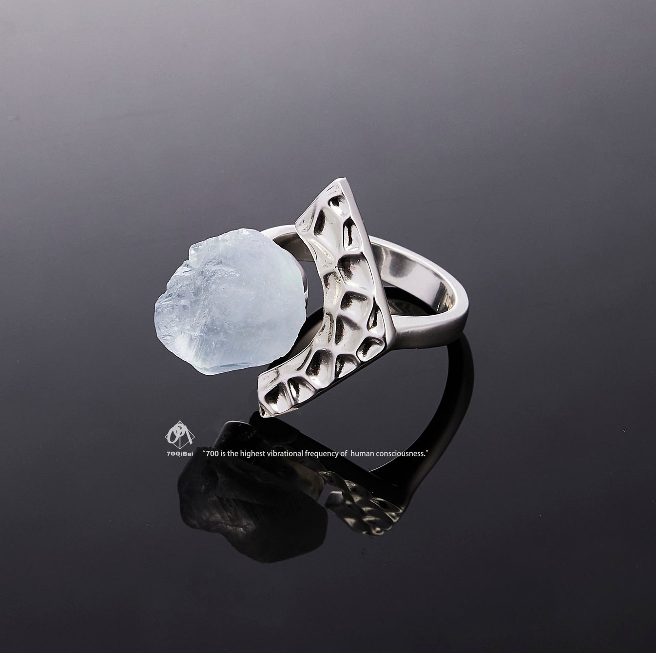 Silver Tectonic Bloom ring with raw Kyanite crystal detail view by QiBai London