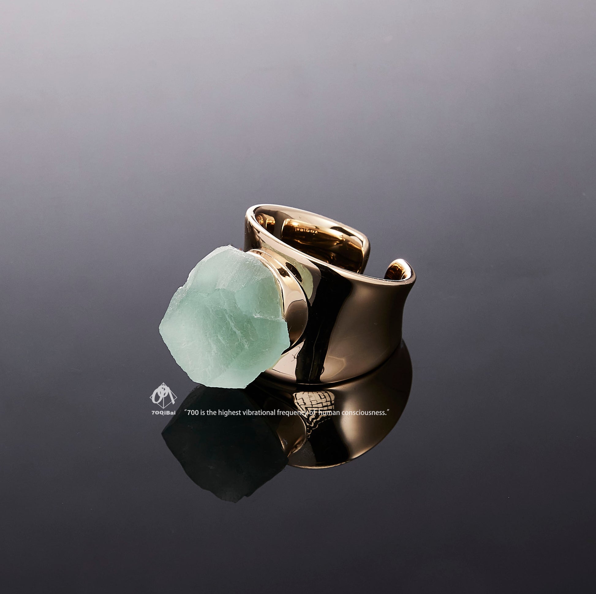 Gold Monolith ring with raw Fluorite crystal detail view by QiBai London